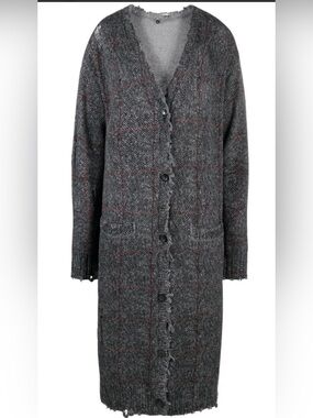 R13 Long Distressed Tweed Button Cardigan Gray w/Subtle Red Windowpane Sz XS